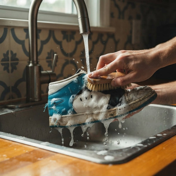A pair of sneakers being scrubbed with a brush in a kitchen sink with soap suds visible.