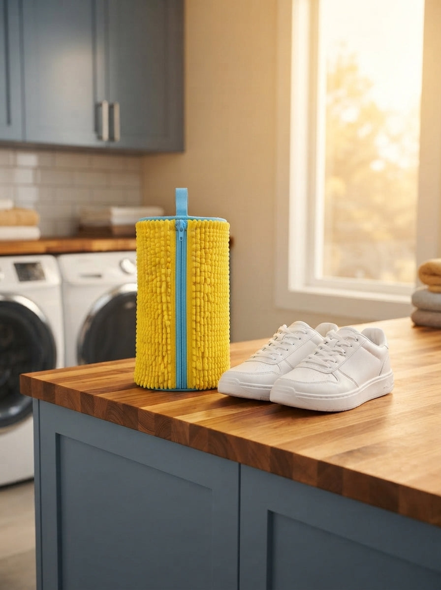 Clean white sneakers next to a soft microfiber shoe washing bag in a bright, modern laundry room.