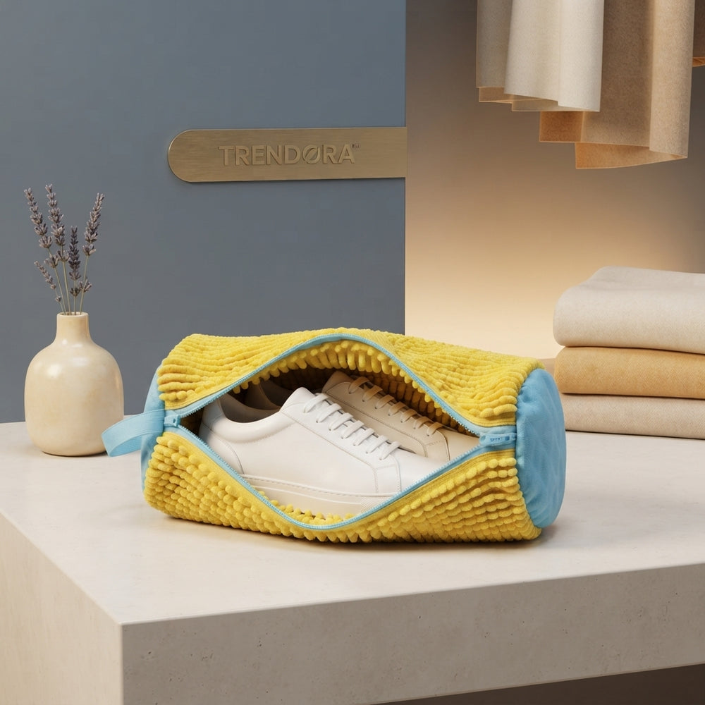 A pair of clean white sneakers inside a Trendora chenille microfiber washing bag, set against an elegant slate blue and cream