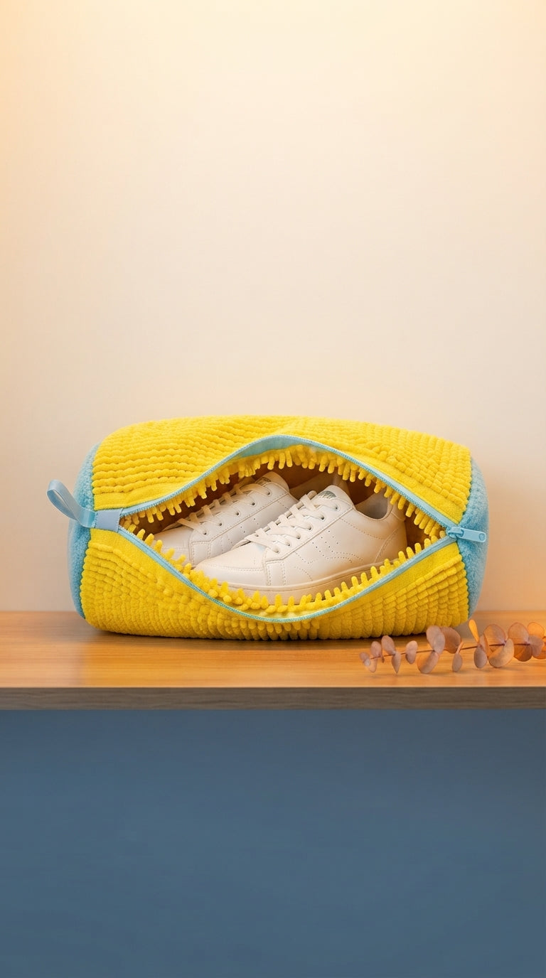 A pair of clean sneakers inside a soft chenille microfiber Trendora washing bag centered against a neutral gradient backgroun