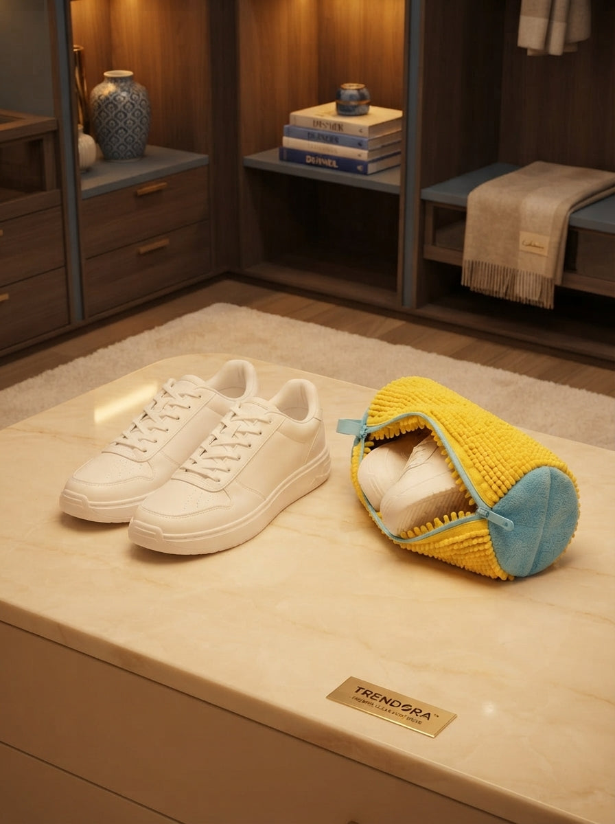 Pristine white sneakers next to a Trendora shoe washing bag on a warm cream surface, showcasing a clean and organized closet 